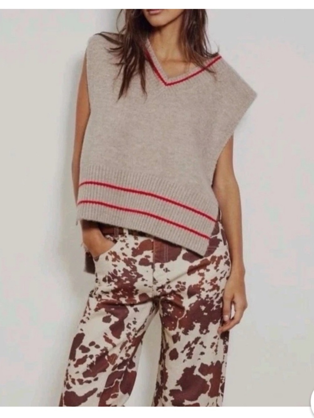 Free People All Star Taupe Striped Poncho Vest - Oversized Knit